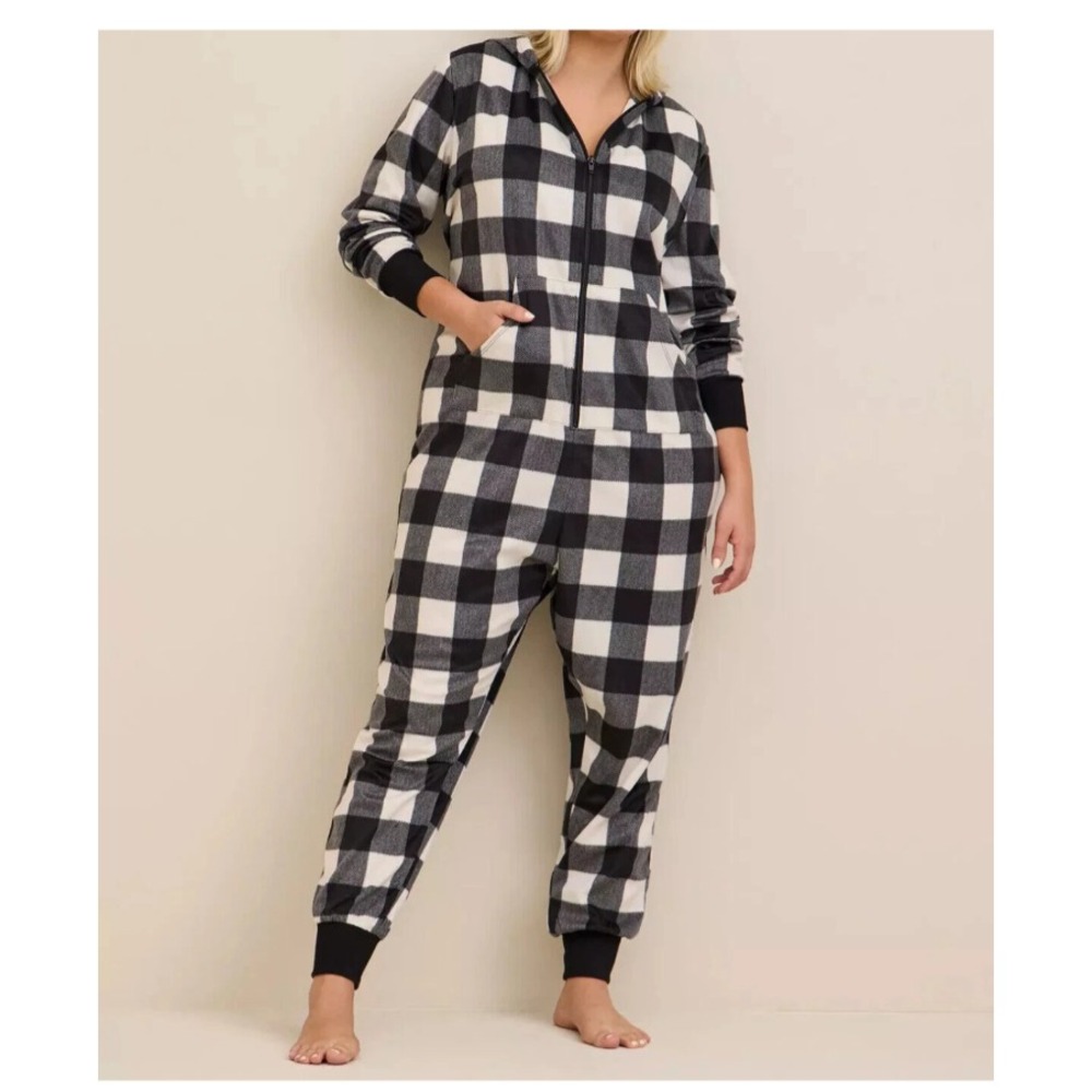 Torrid One‎ Piece Pajamas 3/4 Black White Buffalo Plaid Hooded Zip Front Fleece